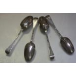 A set of four George I silver rat-tail spoons, Samuel Hutton, London 1725, Hanoverian pattern,