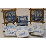 A group of Delft blue and white tiles, 19th century and later, four of religious subjects (two