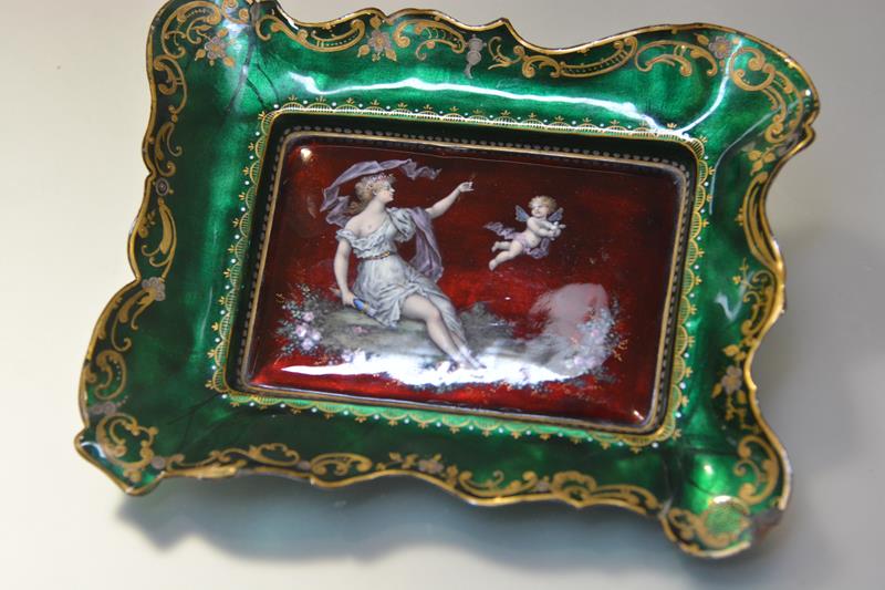 A French enamel dish, late 19th century, of Limoges type, rectangular, the well painted with Diana