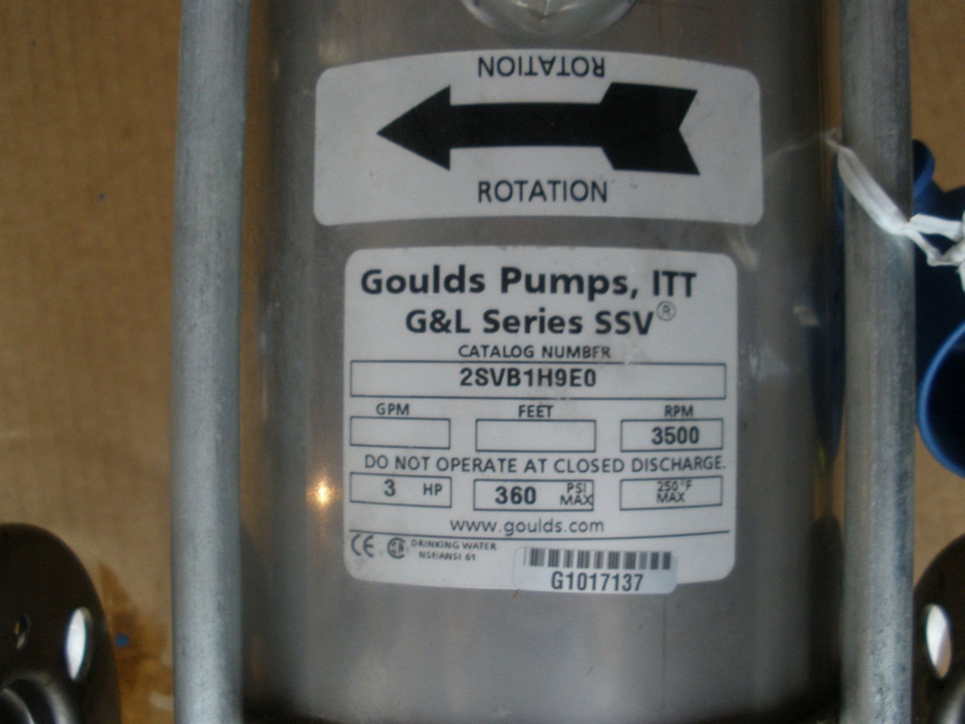Gaulds Pumps, ITT G&L Series SSV Catalog # 2SVB1H9E0, 3HP Baldor Motor 230/460v 3PH 7/35 Amps RPM - Image 4 of 4