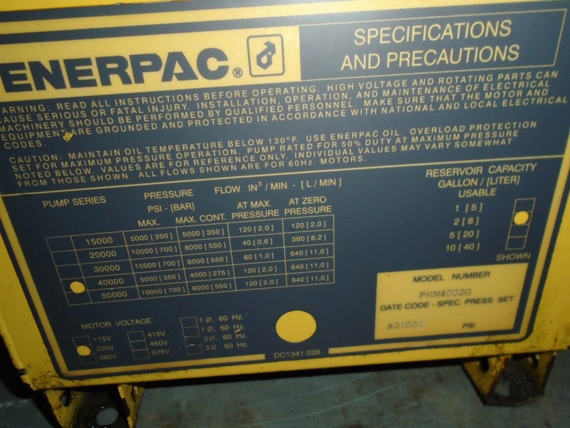 Enerpac PHN4002 G Hydraulic Power Supply 1.5 HP PHN 4002 G Motor Model 06T17F2198 208, 230/440V 3 PH - Image 7 of 8