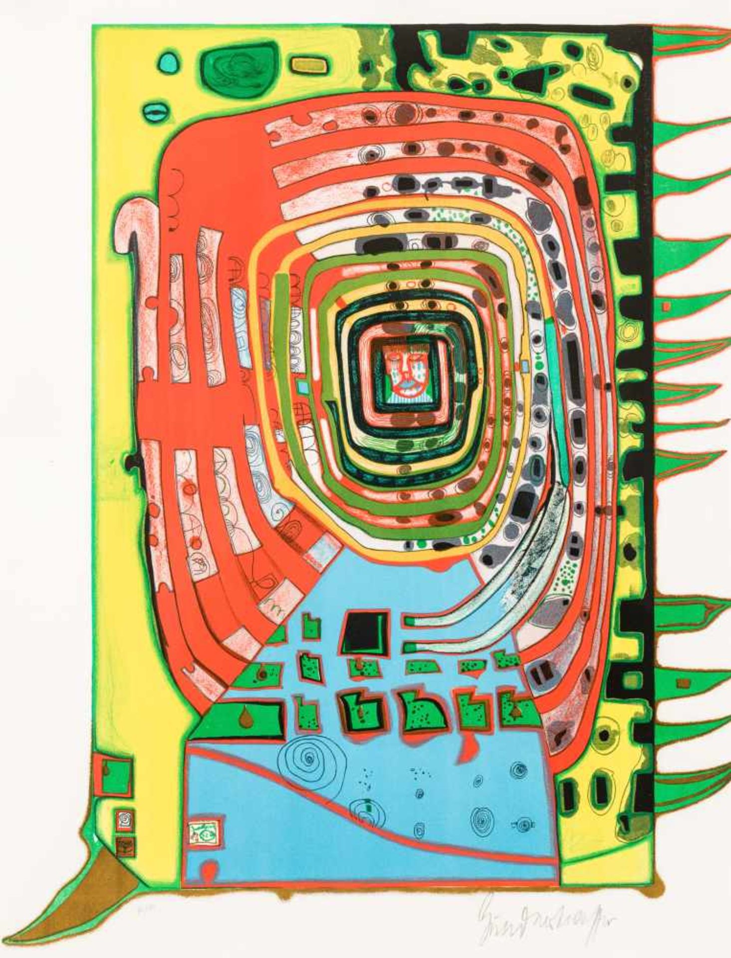 Friedensreich HundertwasserWien 1928 - 2000 vor BrisbaneDas falsche AugenlidLithografie in 10 Farben