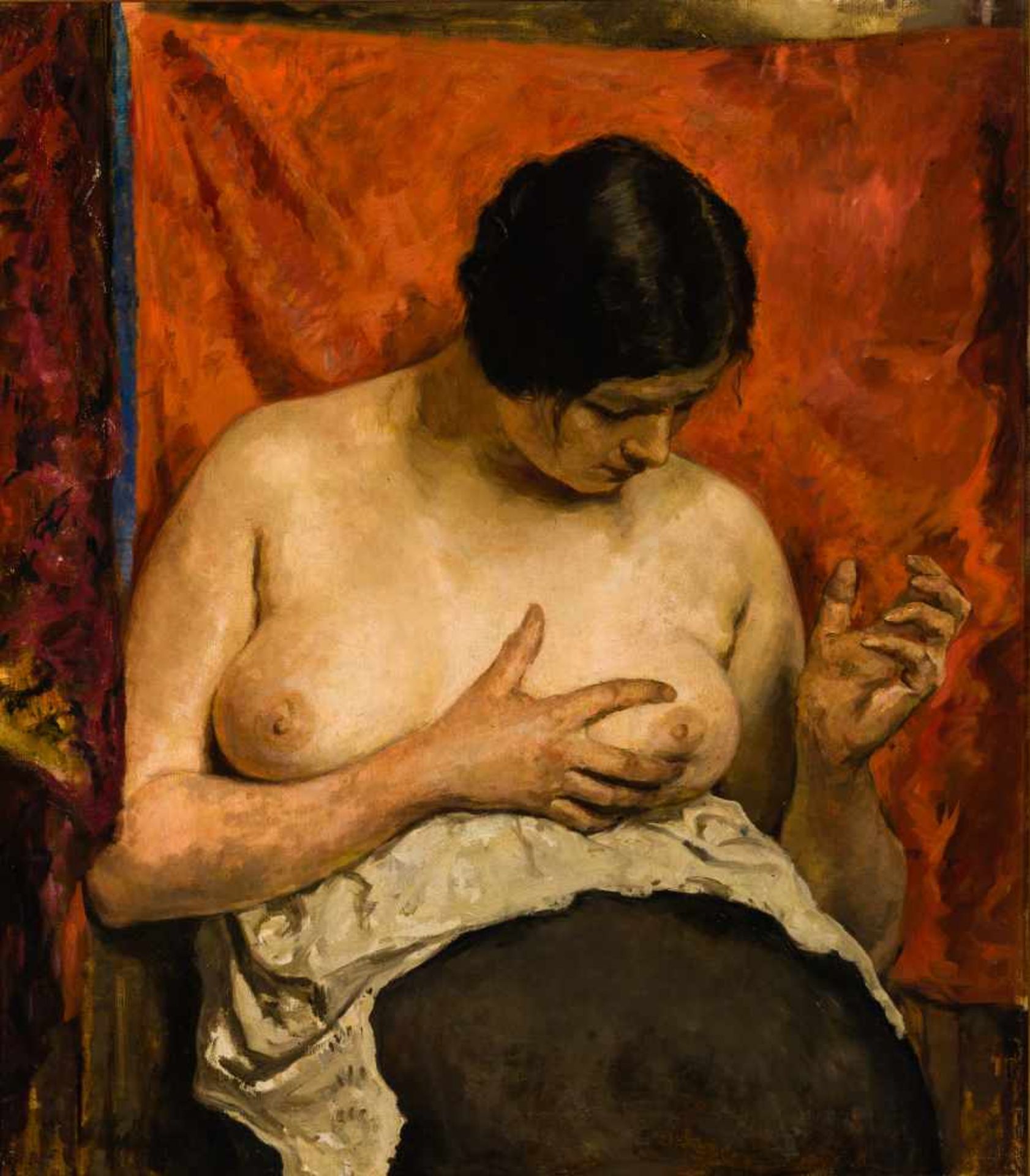 Viktor TischlerWien 1890 - 1951 Beaulieu-sur-Mer (Frankreich)Weiblicher Halbakt vor rotem TuchÖl auf