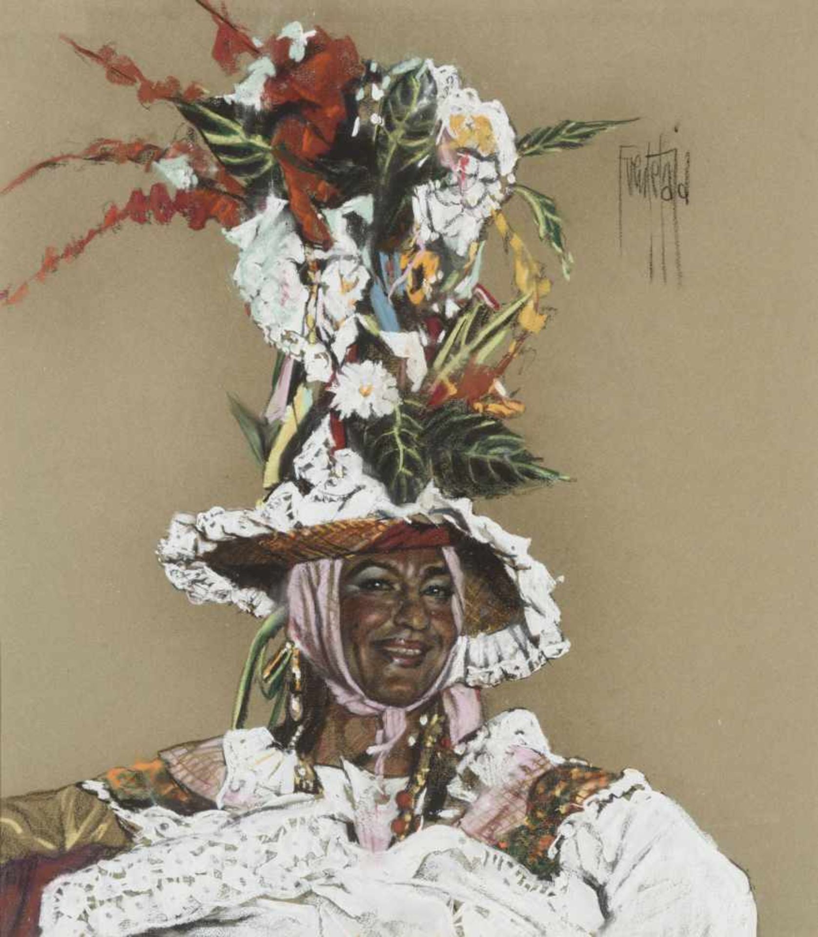 JOSE LUIS FUENTETAJA ( Madrid, 1951) Mulata con sombrero de flores Pastel sobre papel de 54 x 48cm.-