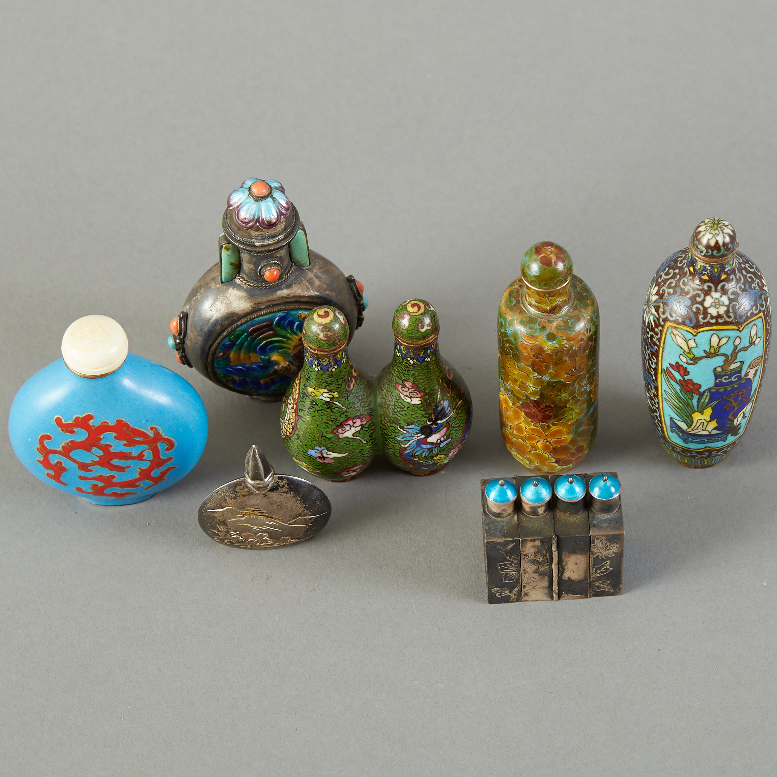 Group of 7 Chinese Cloisonne and Enameled Silver Snuff Bottles - Image 2 of 4