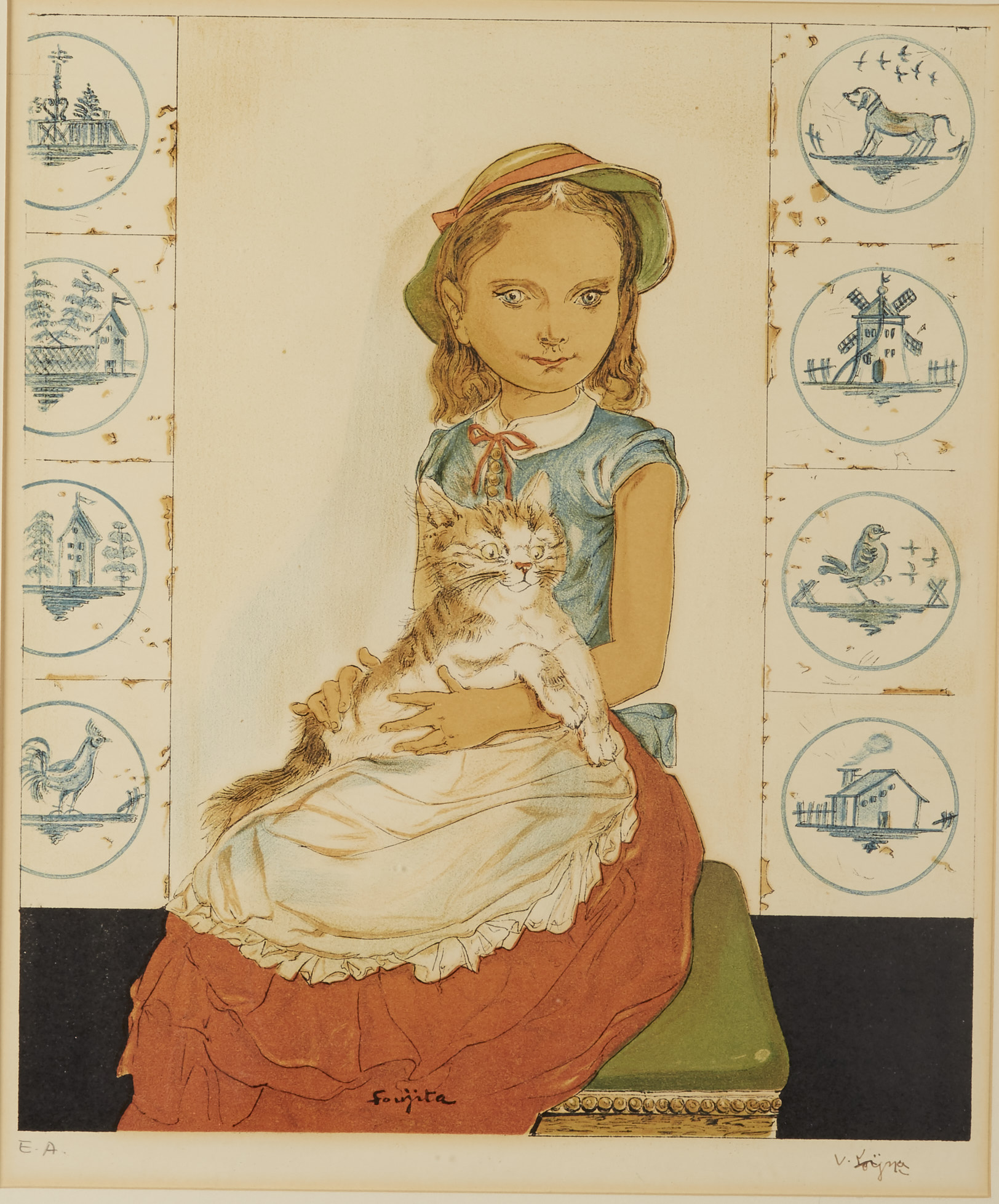 Foujita Jeune Fille Assise avec un Chat 1956 Color Lithograph on Paper - Image 2 of 5