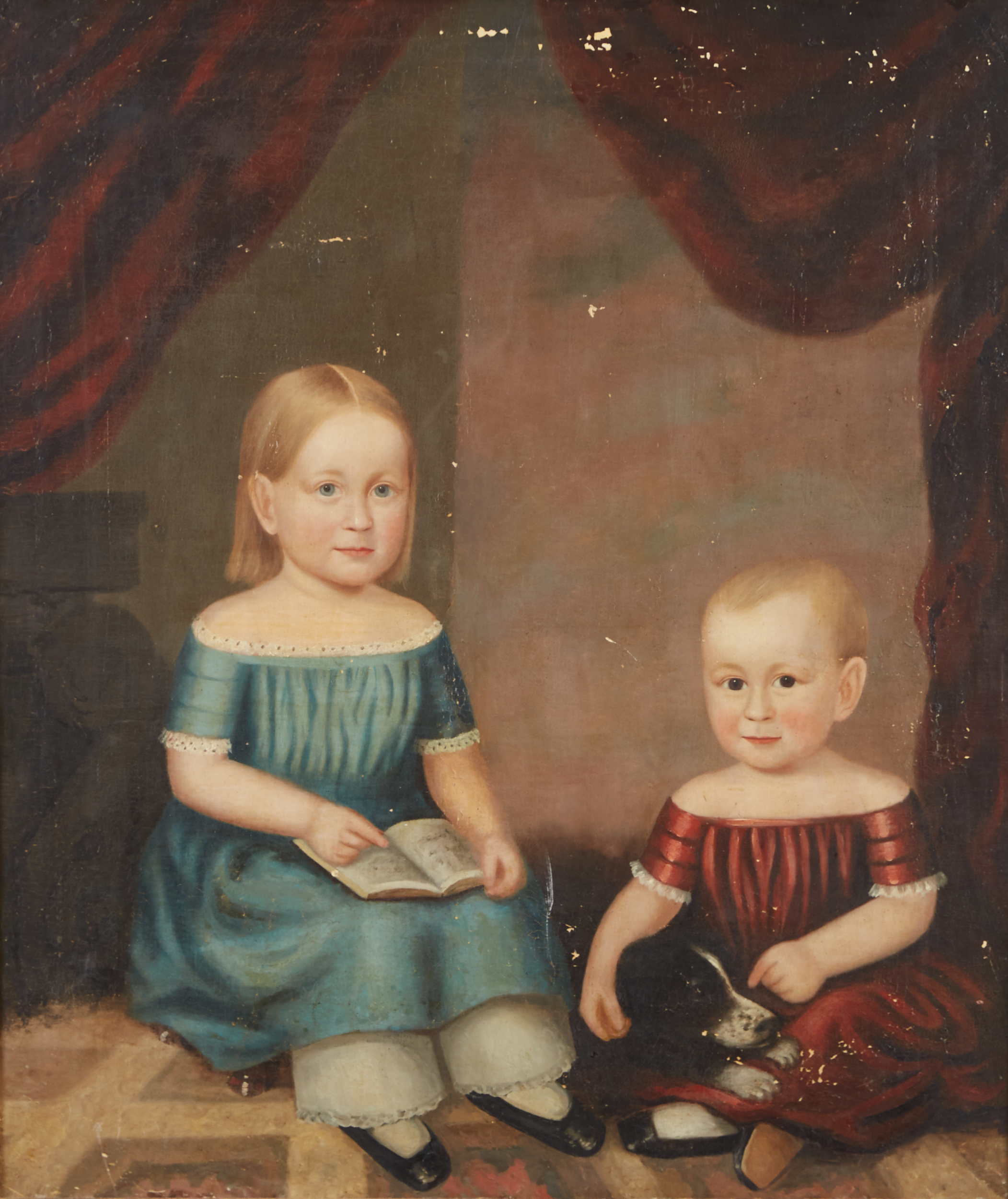 19th Century American School Folk Art Portrait Children and a Dog Unsigned