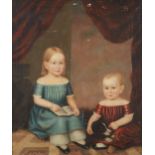 19th Century American School Folk Art Portrait Children and a Dog Unsigned