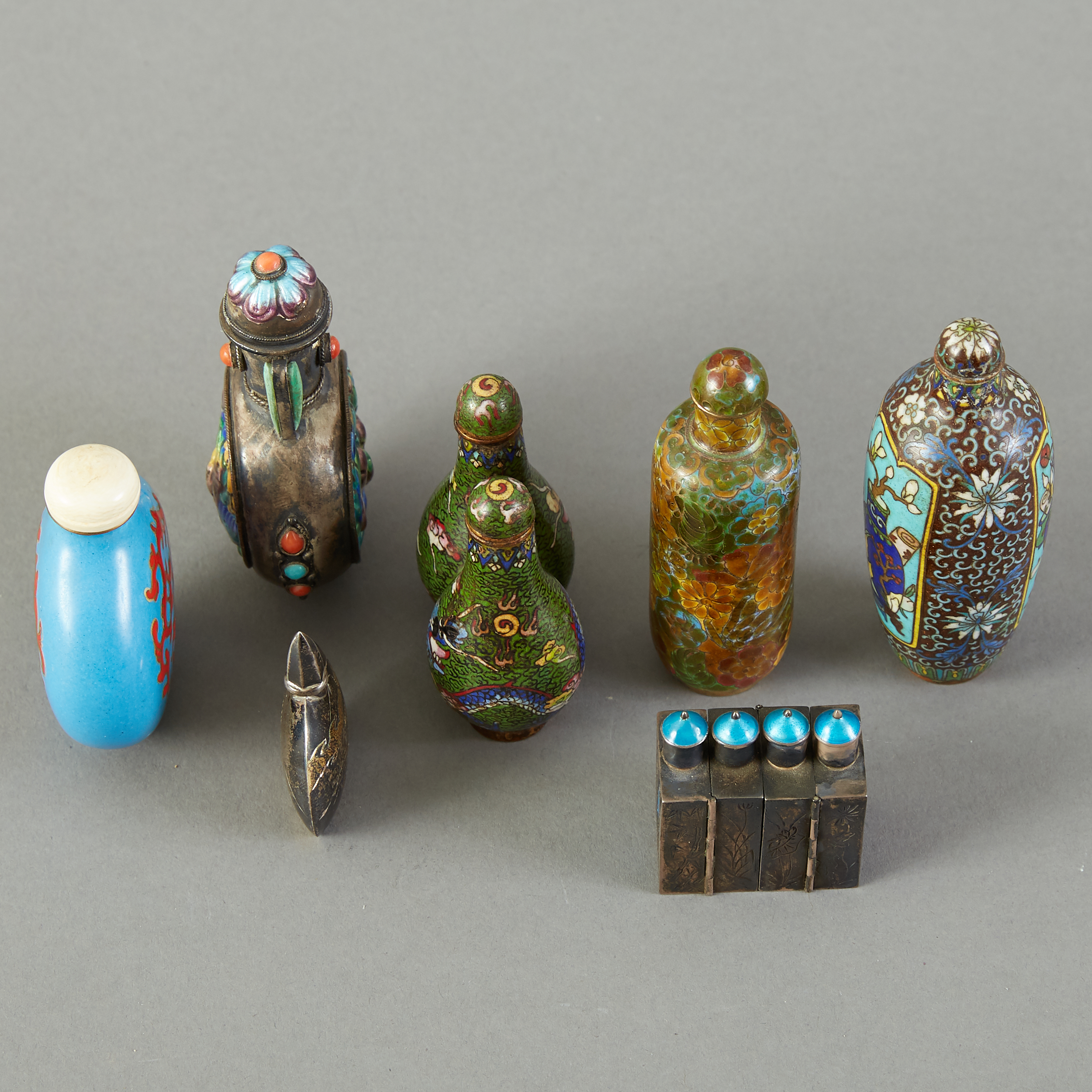 Group of 7 Chinese Cloisonne and Enameled Silver Snuff Bottles - Image 4 of 4