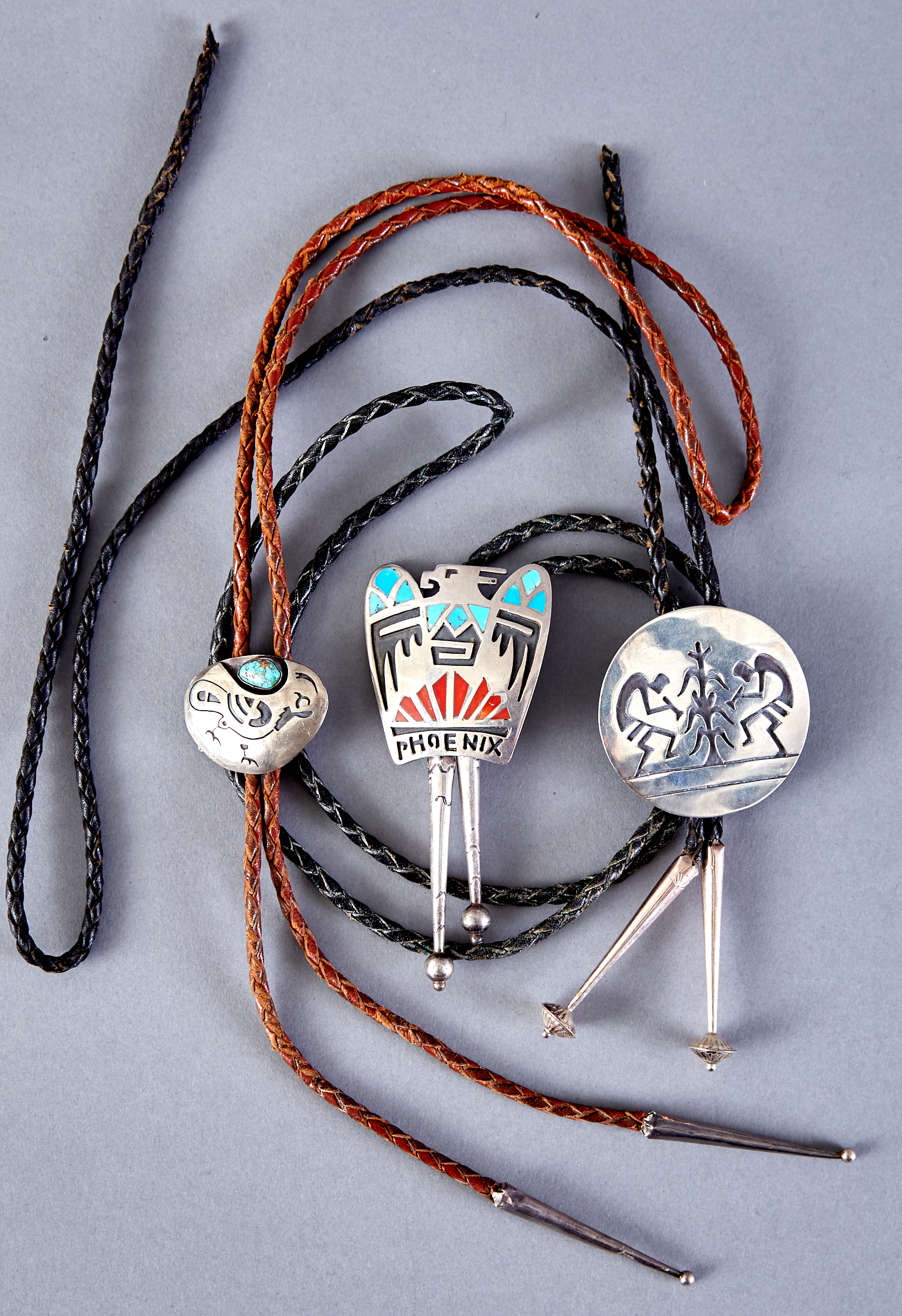 Grp: 3 Hopi Silver Bolo Ties Corn Dance Bernard Dawahoya Phoenix City Council