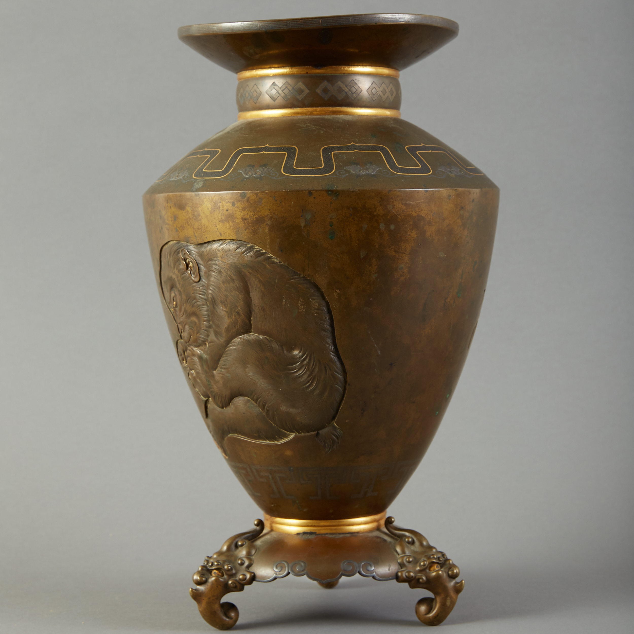 Meiji Yokoyama Japanese Bronze Vase Inlaid Gold / Silver. - Image 2 of 9