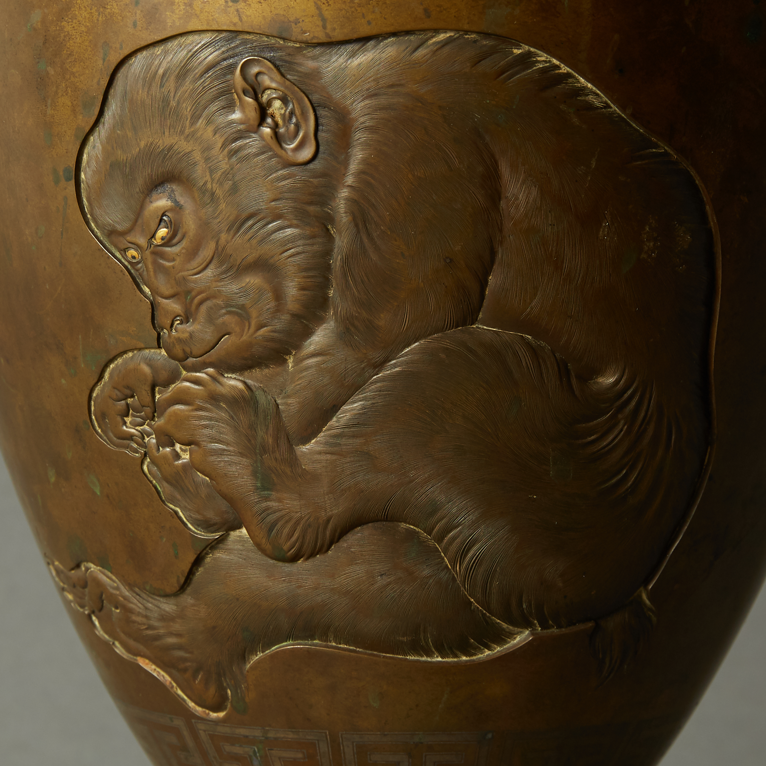 Meiji Yokoyama Japanese Bronze Vase Inlaid Gold / Silver. - Image 5 of 9