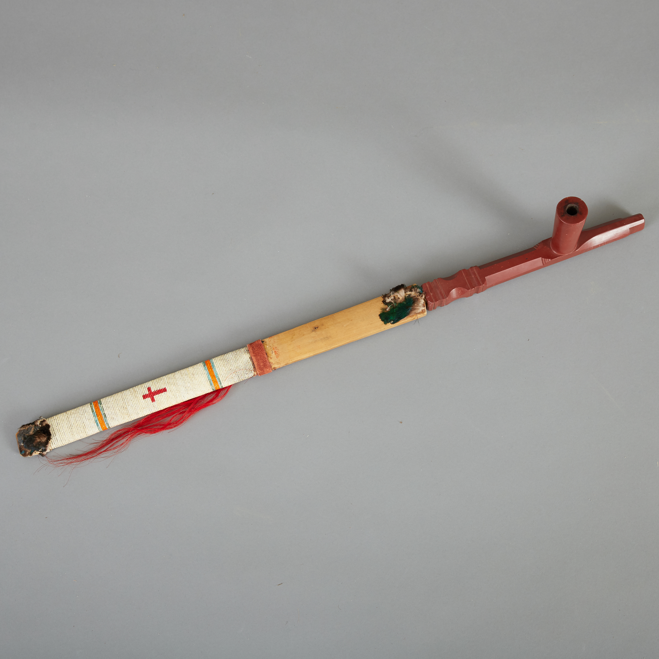 Important Northern Plains Catlinite Pipe with Quilled Stem and Horse Hair Drop