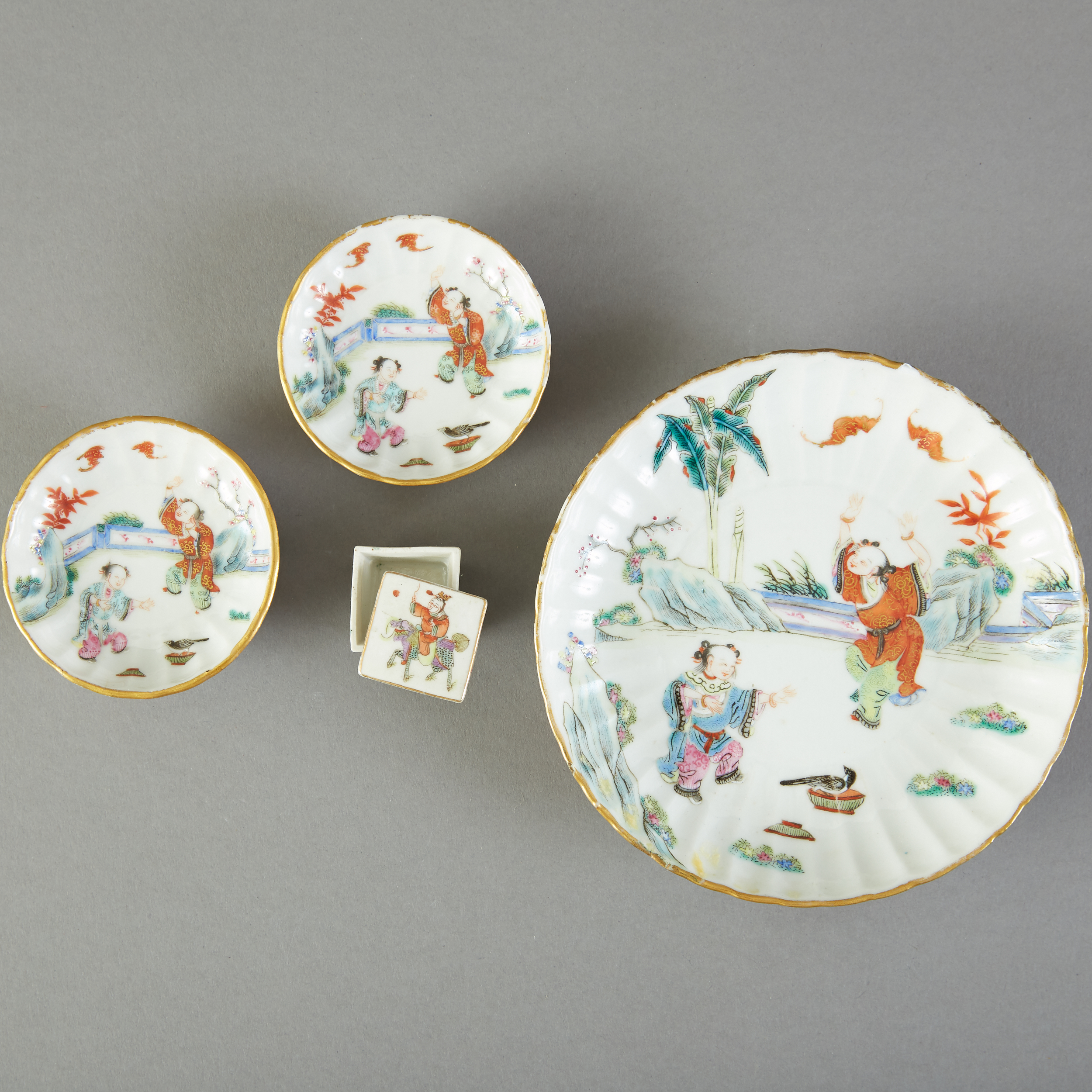 Grp 4: 19th c. Chinese Famille Rose Porcelain Plates Pill Box - Image 2 of 7