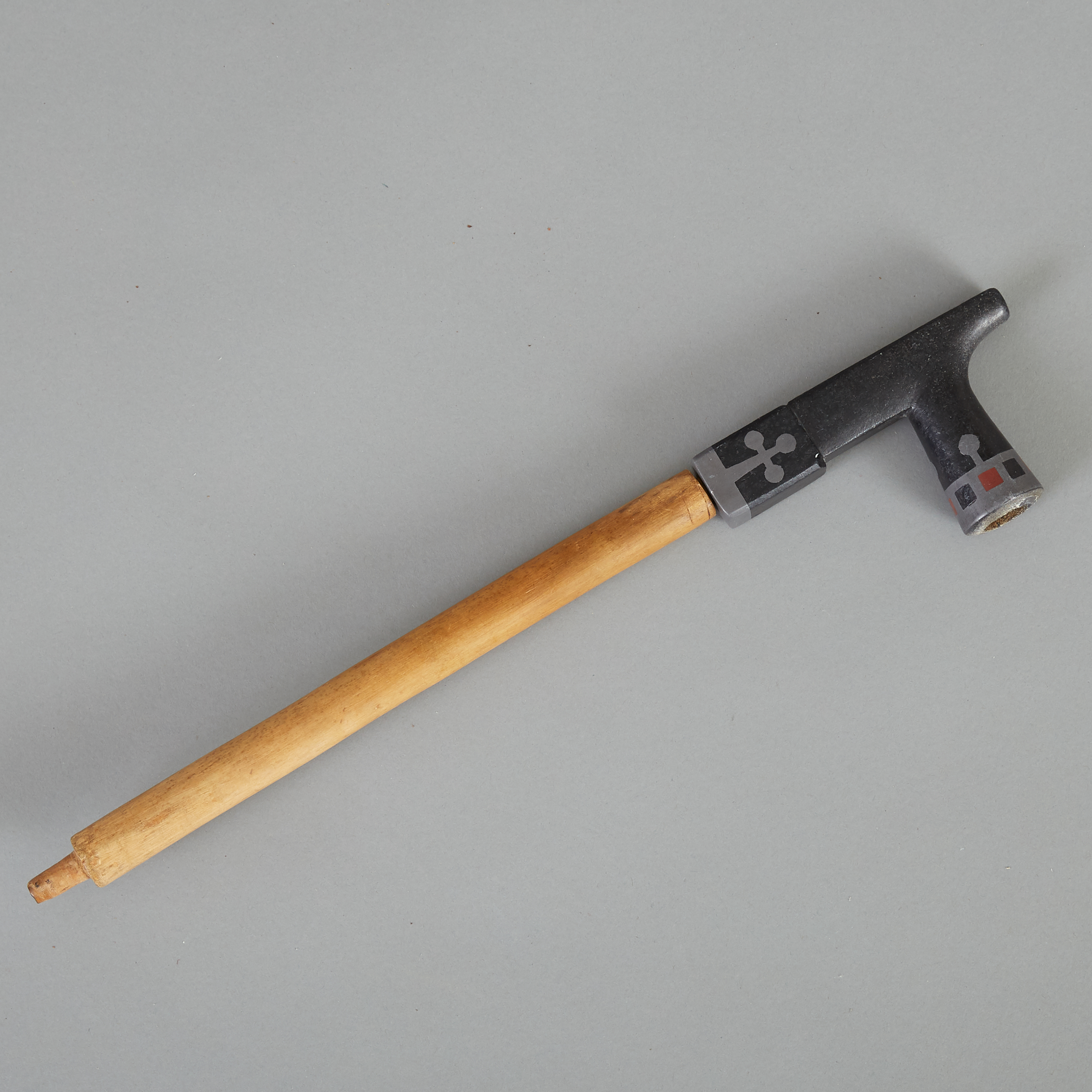 Ojibwe Inlaid Steatite Pipe with Wooden Stem c. 1900