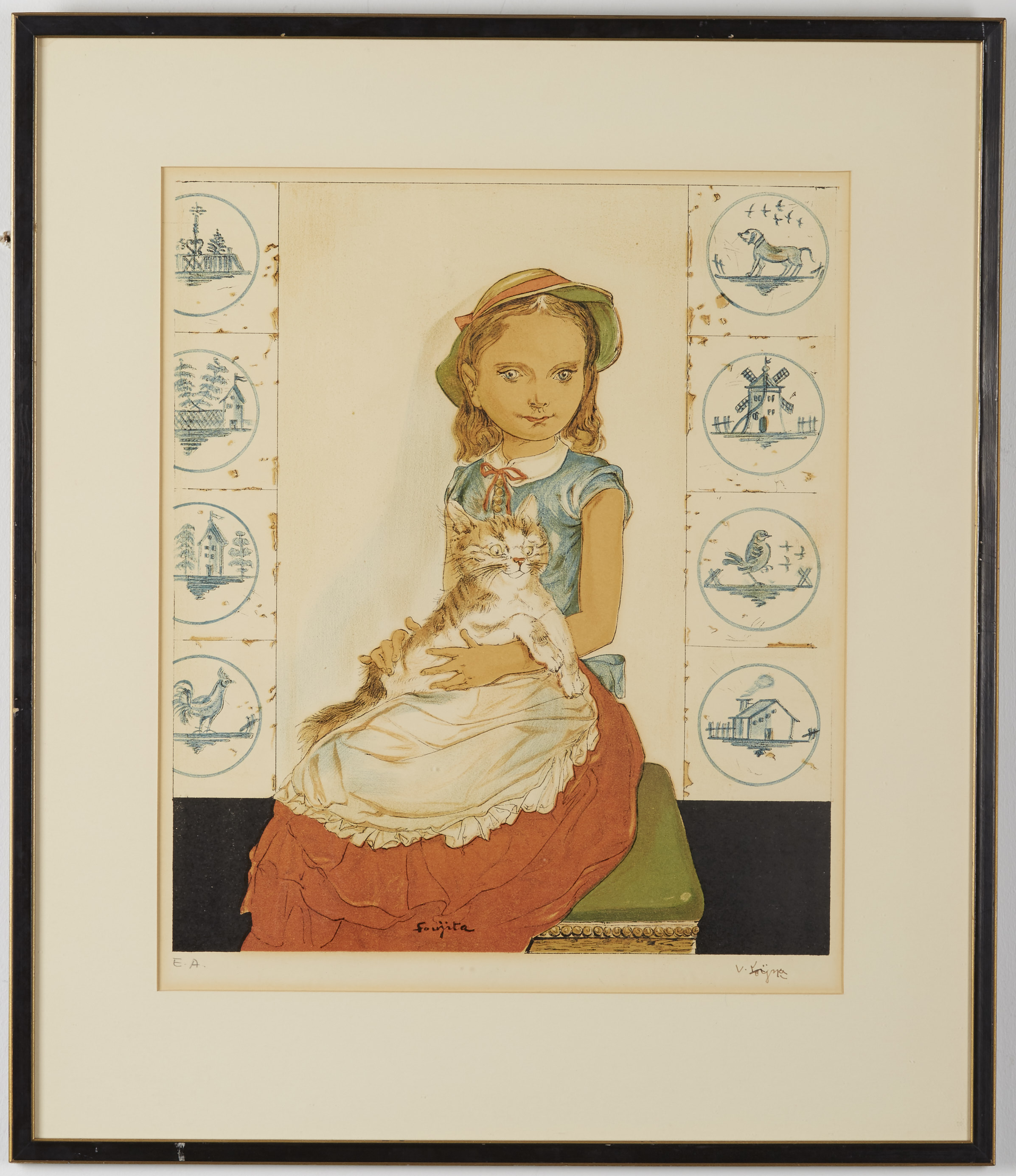 Foujita Jeune Fille Assise avec un Chat 1956 Color Lithograph on Paper