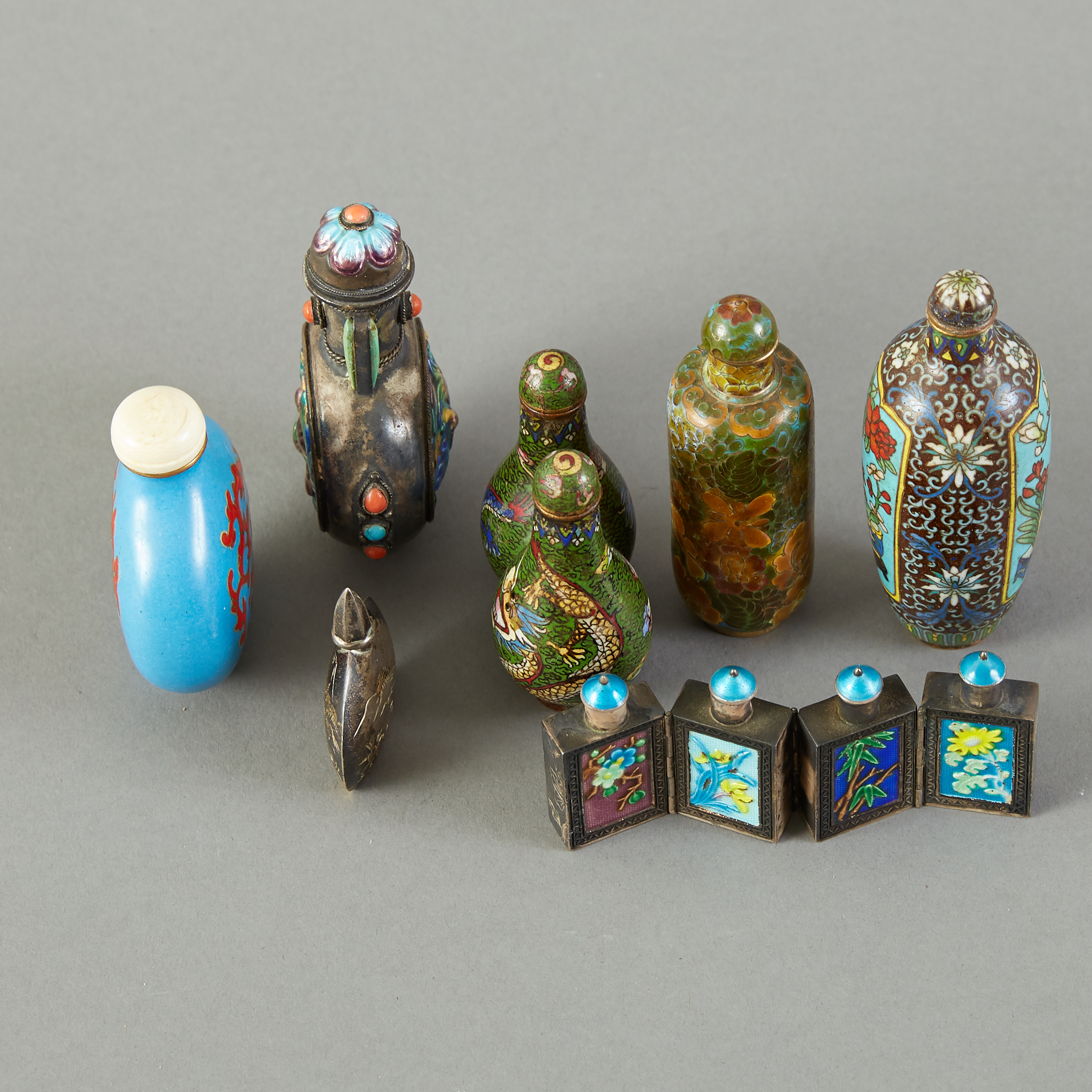 Group of 7 Chinese Cloisonne and Enameled Silver Snuff Bottles - Image 3 of 4