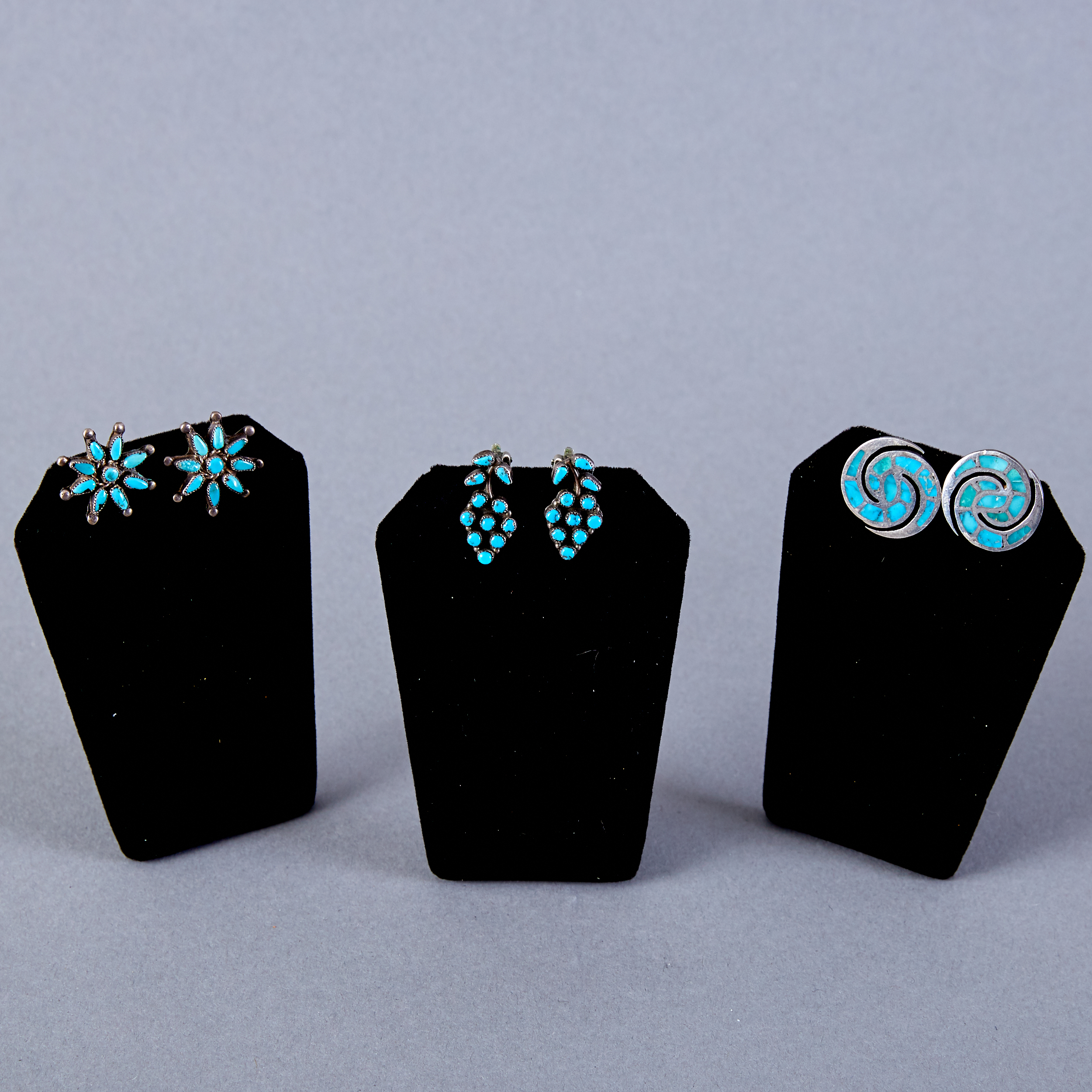 3 Pair Zuni Silver and Turquoise Earrings Ellen Quandelacy