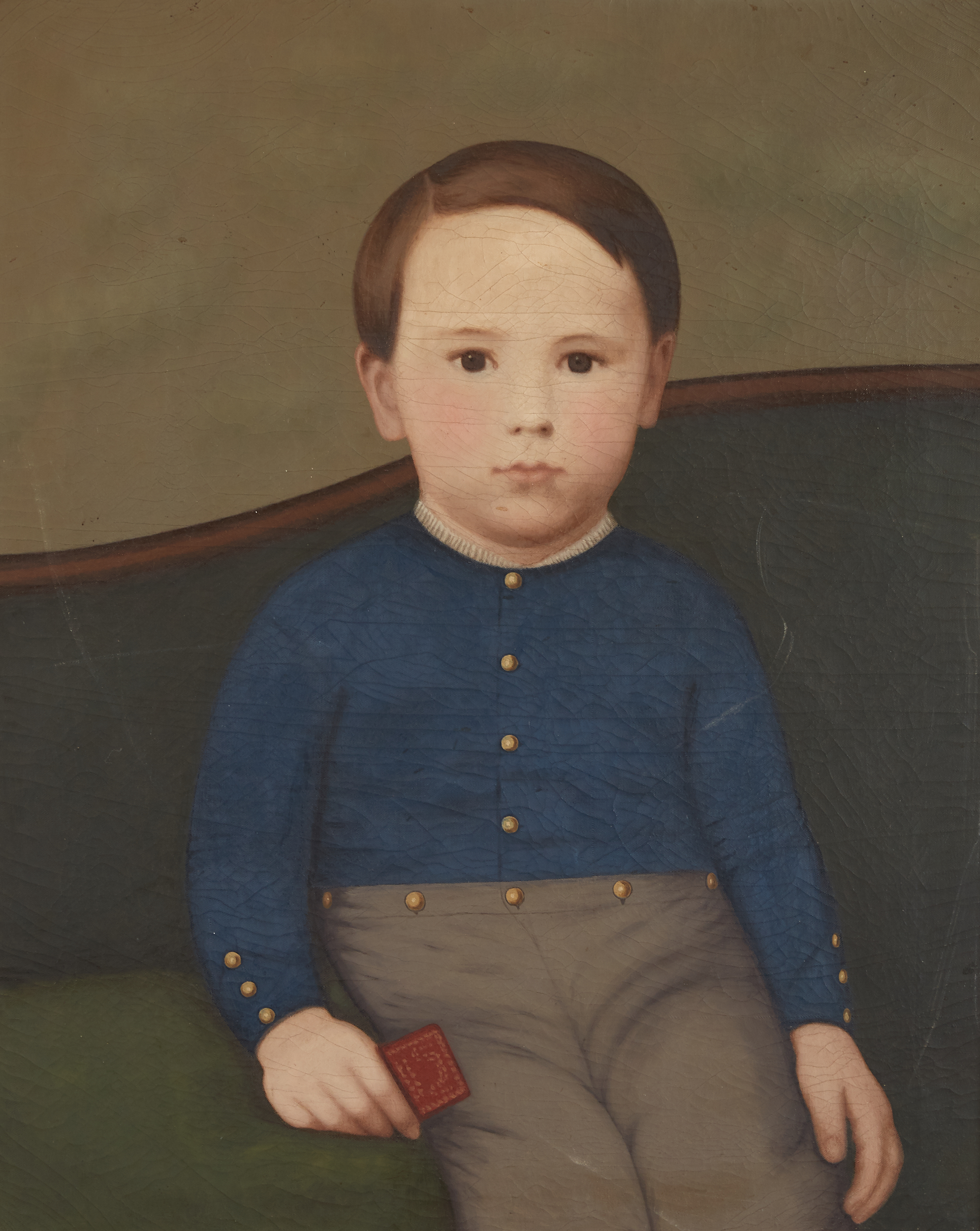 19th Century American School Folk Art Portrait of a Boy in a Blue Shirt