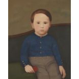 19th Century American School Folk Art Portrait of a Boy in a Blue Shirt