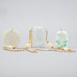 Grp:3 20th c. Chinese Pale Jade Pendants - Gold