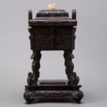 Qing Chinese Bronze Censer w/ Jade Marked