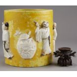 Yellow Chinese Republic Brush Pot and Wooden Stand