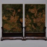 Chinese Spinach Jade Table Screens Gilt Decor