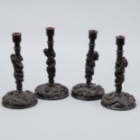 Set of 4 Chinese Dragon Rosewood Candlesticks