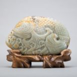 Chinese Large Carved Jade Fish With Stand