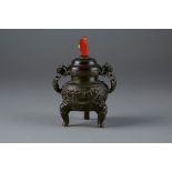 Ming Chinese Bronze Tripod Censer and Lid