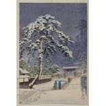 Kawase Hasui Woodblock Print of Snow Scene