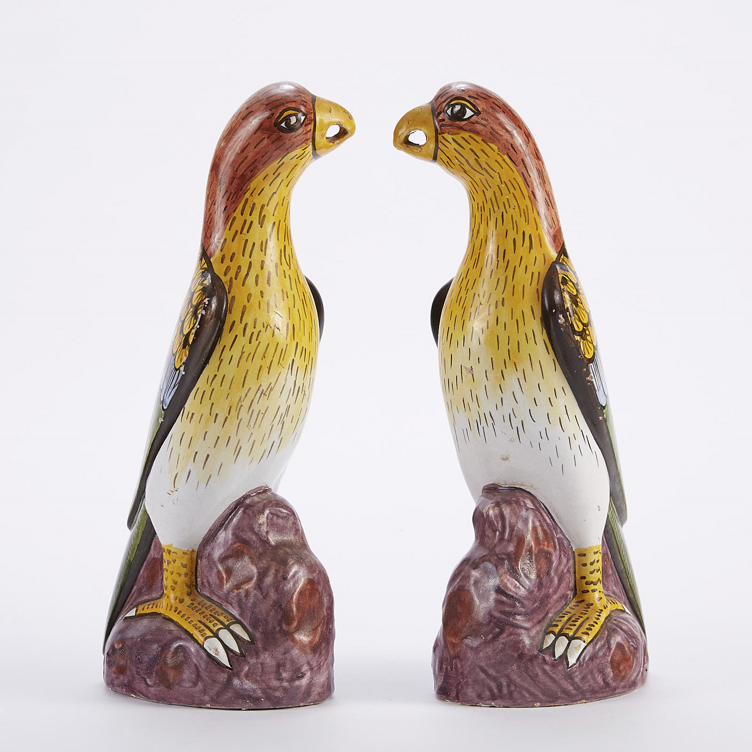 Pair of Faience Tin Glazed Ceramic Parrots