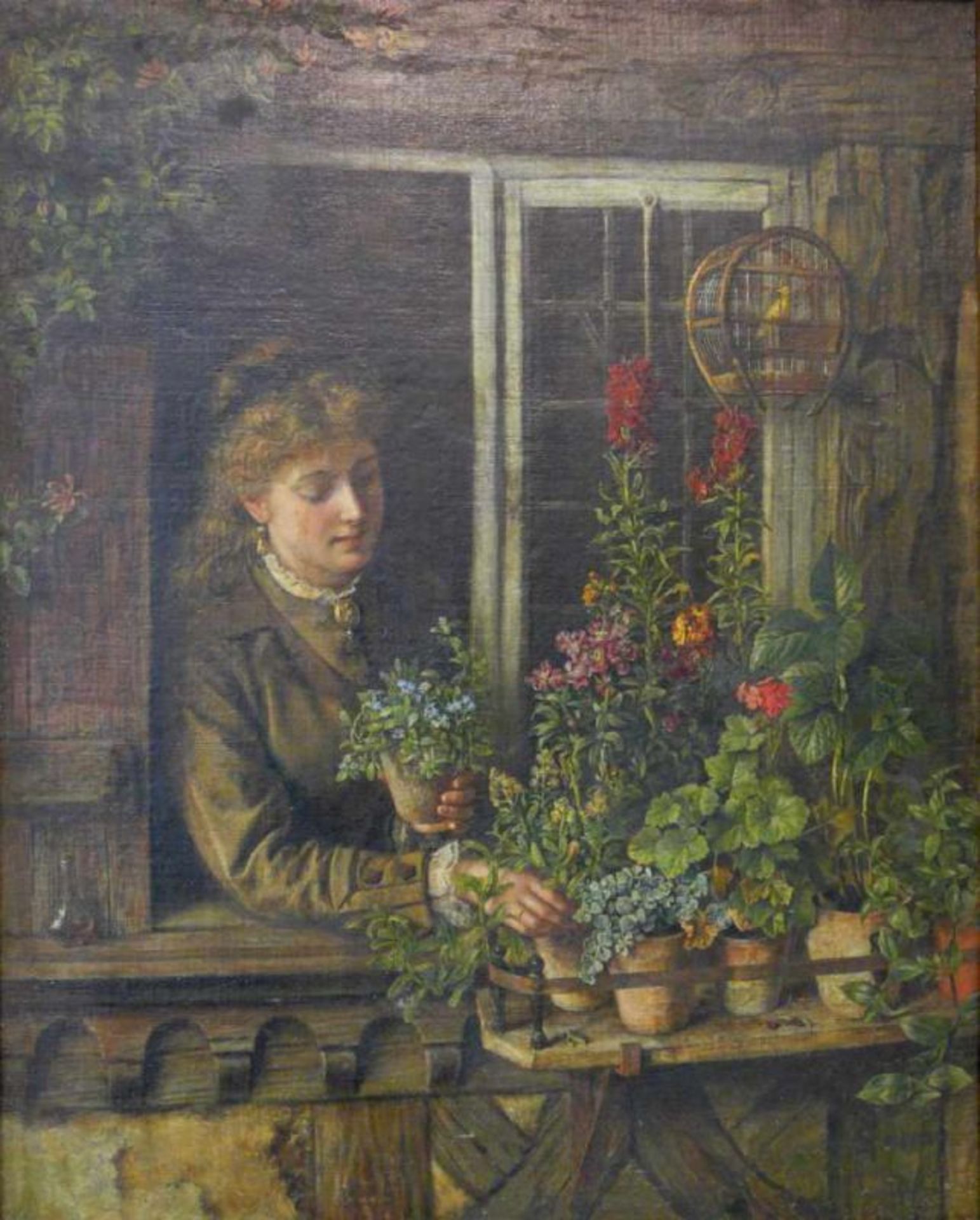 Idyll mit Vogelkäfig am BlumenfensterUm 1880.Motiv: Am offenen Fenster eines Fachwerkhauses ordnet