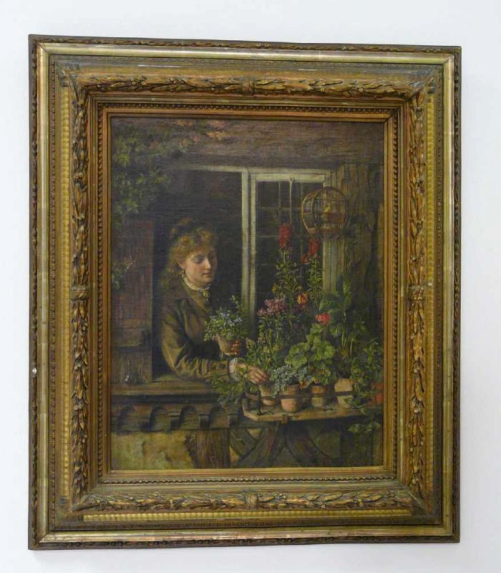 Idyll mit Vogelkäfig am BlumenfensterUm 1880.Motiv: Am offenen Fenster eines Fachwerkhauses ordnet - Bild 2 aus 5
