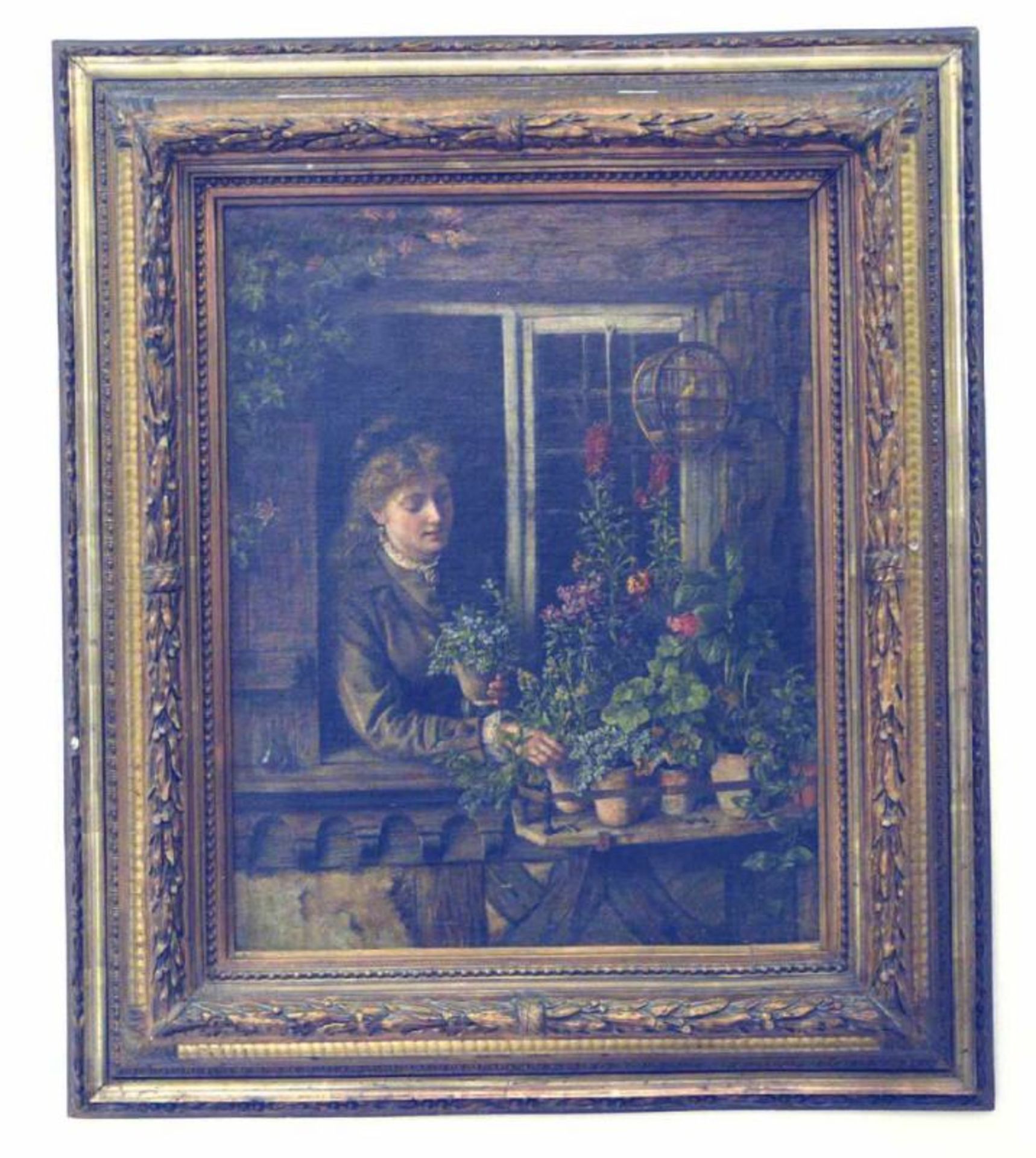 Idyll mit Vogelkäfig am BlumenfensterUm 1880.Motiv: Am offenen Fenster eines Fachwerkhauses ordnet - Bild 3 aus 5