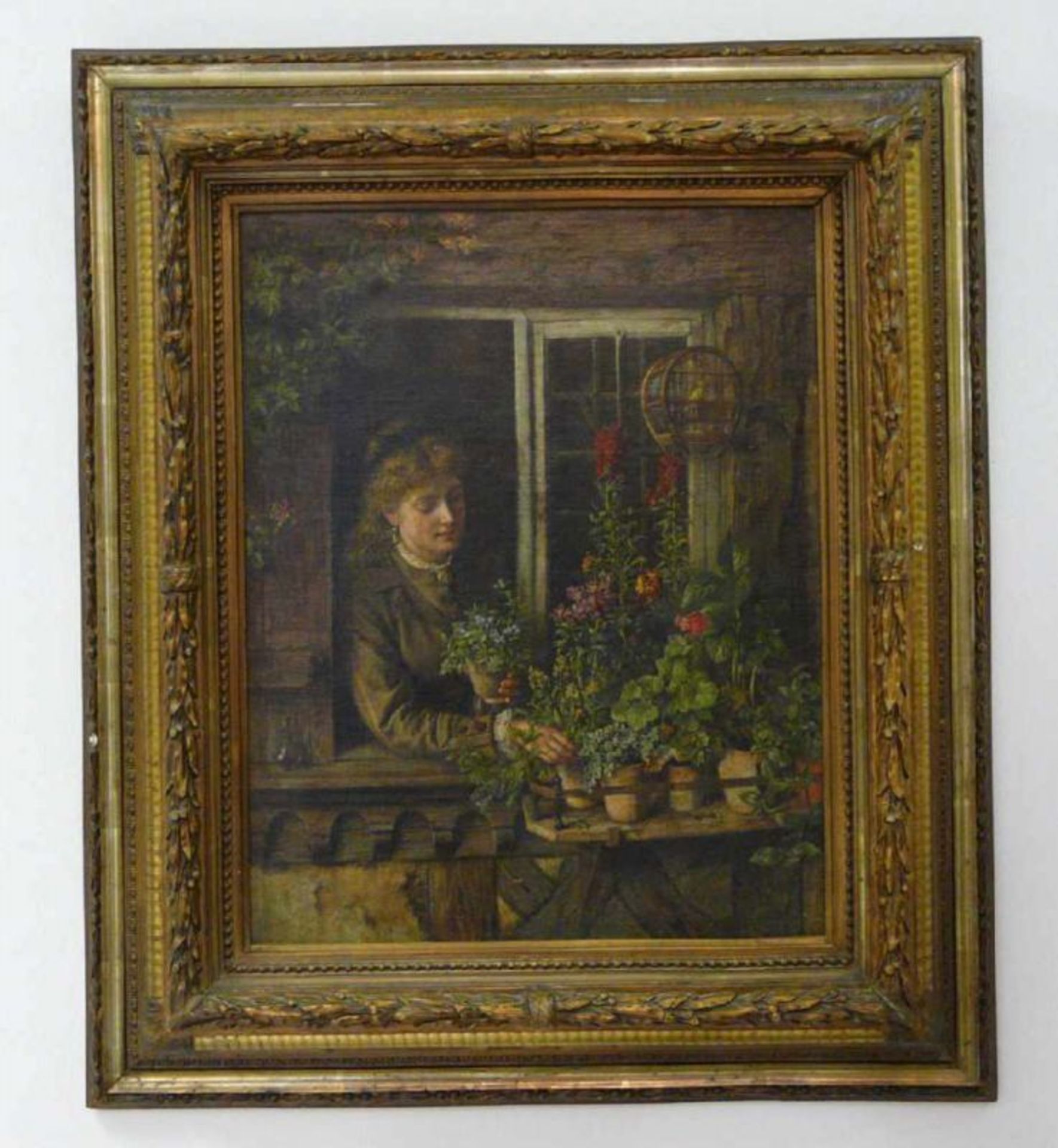 Idyll mit Vogelkäfig am BlumenfensterUm 1880.Motiv: Am offenen Fenster eines Fachwerkhauses ordnet - Bild 5 aus 5