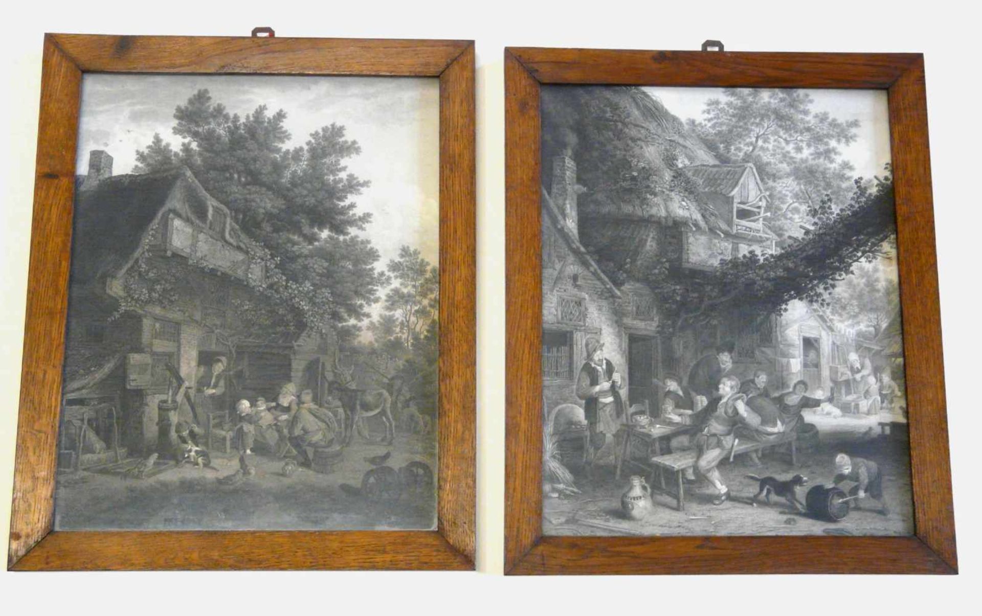 Paar Radierungen Landidylle Wohl 18. Jahrhundert. Motive: 1. Zechende Gesellschaft vor einem