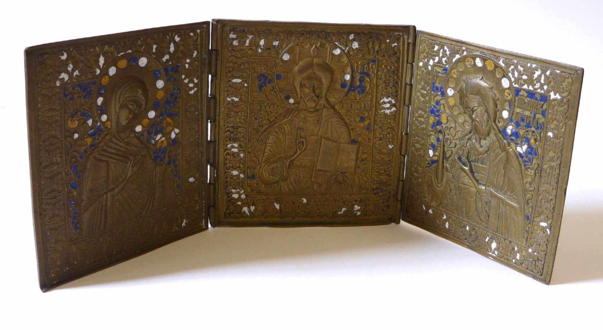 Russische Metall - IkoneReise-Ikone in Form eines Triptychons, Russland, Bronze, partiell blau, weiß - Bild 2 aus 4