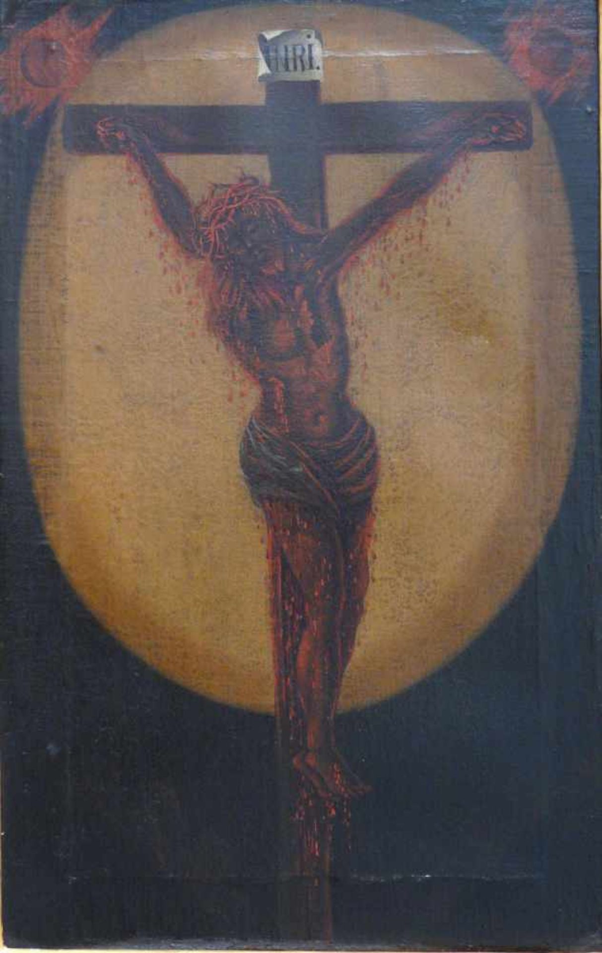 Christus am KreuzWohl um 1600.Motiv: In einem ovalen Lichtkegel der von Blut überströmte Leib