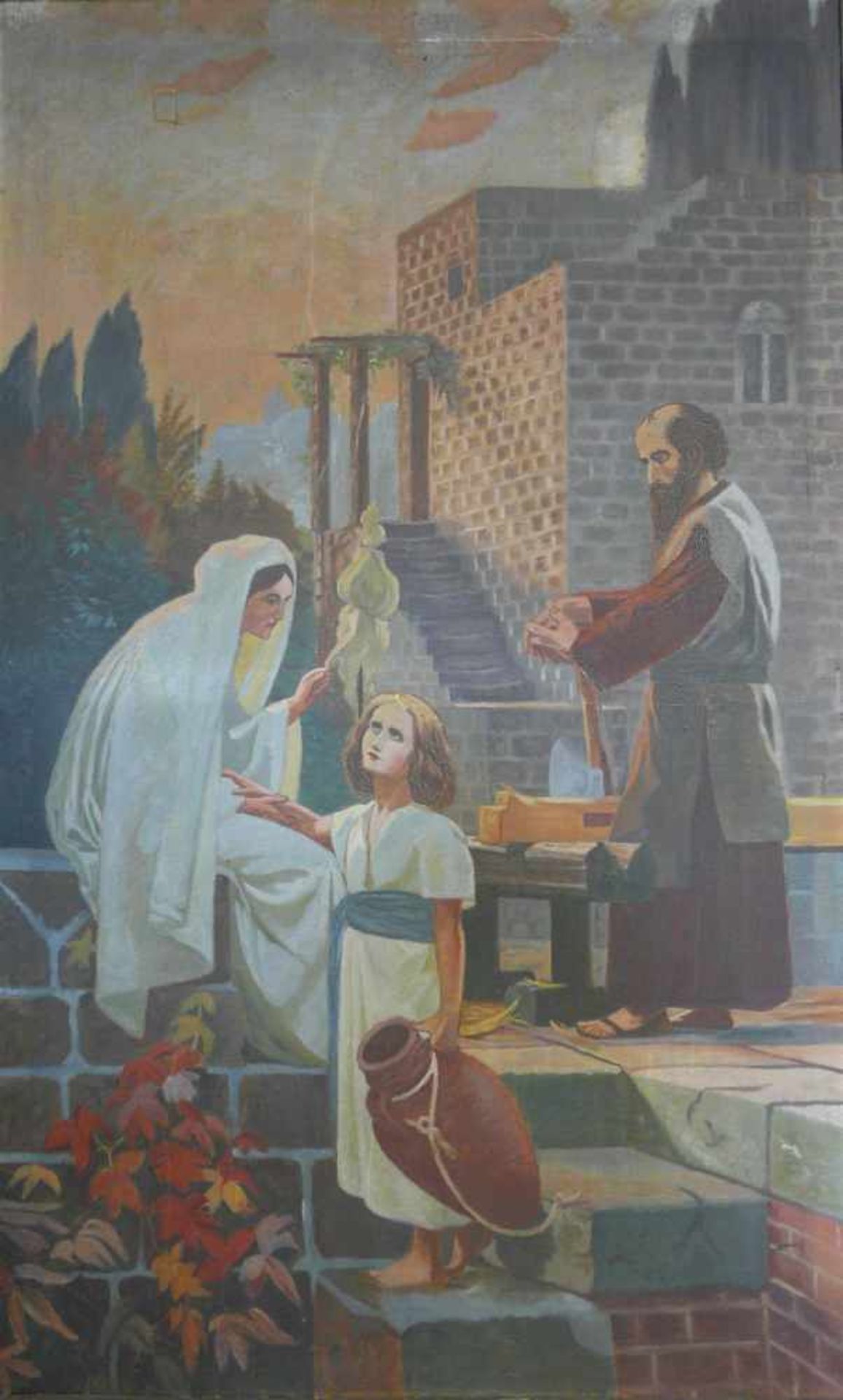 Die Heilige FamilieWohl Nazarener.Motiv: Darstellung der Heiligen Familie, an einer Treppe vor einer