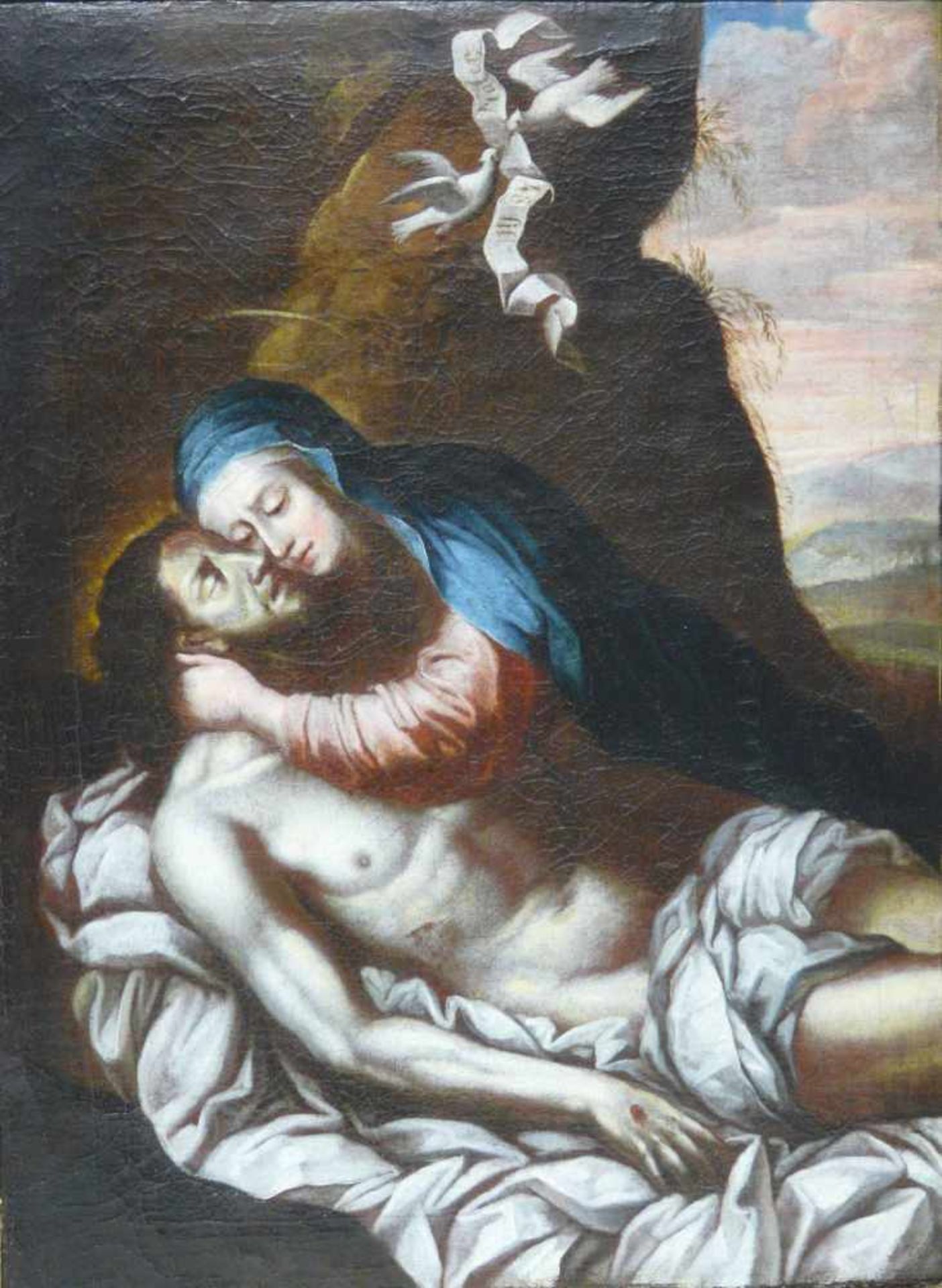 Beweinung Christi Barocke Darstellung einer Pietà, wohl um 1680. Motiv: Vor dem Hintergrund einer