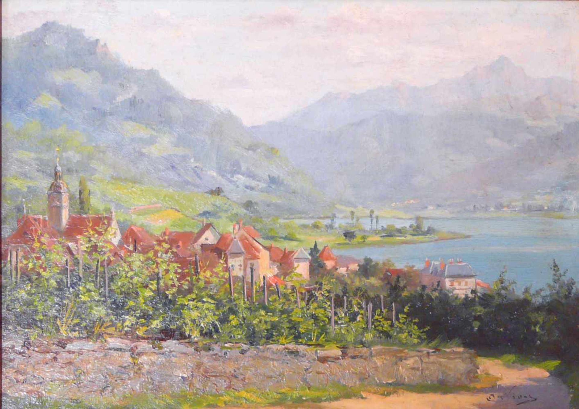 Seenlandschaft in den Savoyer Voralpen Wohl um 1900. Motiv: Ein vor Bergen in den Savoyer Alpen