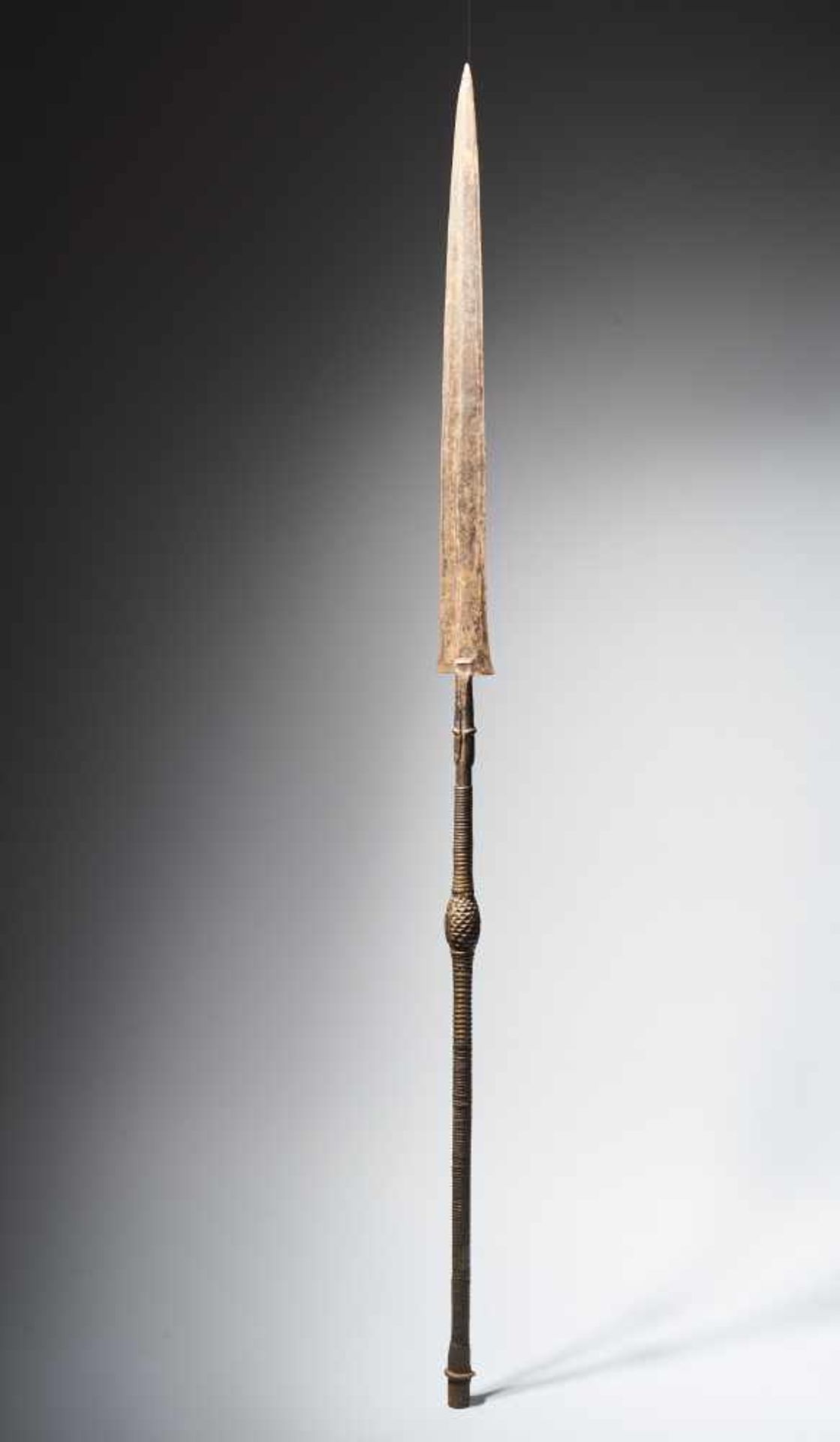 Forged Spear with Decorated Shaft, Kuba People - Tribal ArtThis metal spear has a thin, triangular