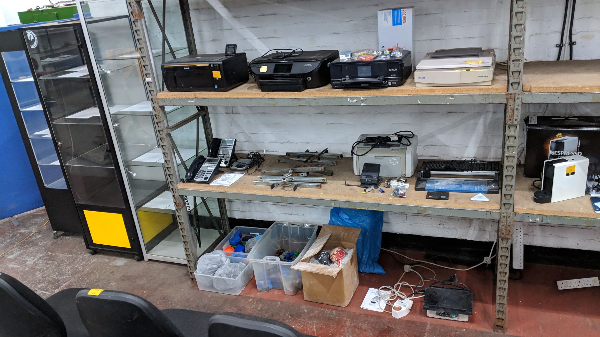 Contents of 3 shelves of assorted office & other equipment including printers, telephones, ladder - Image 21 of 21