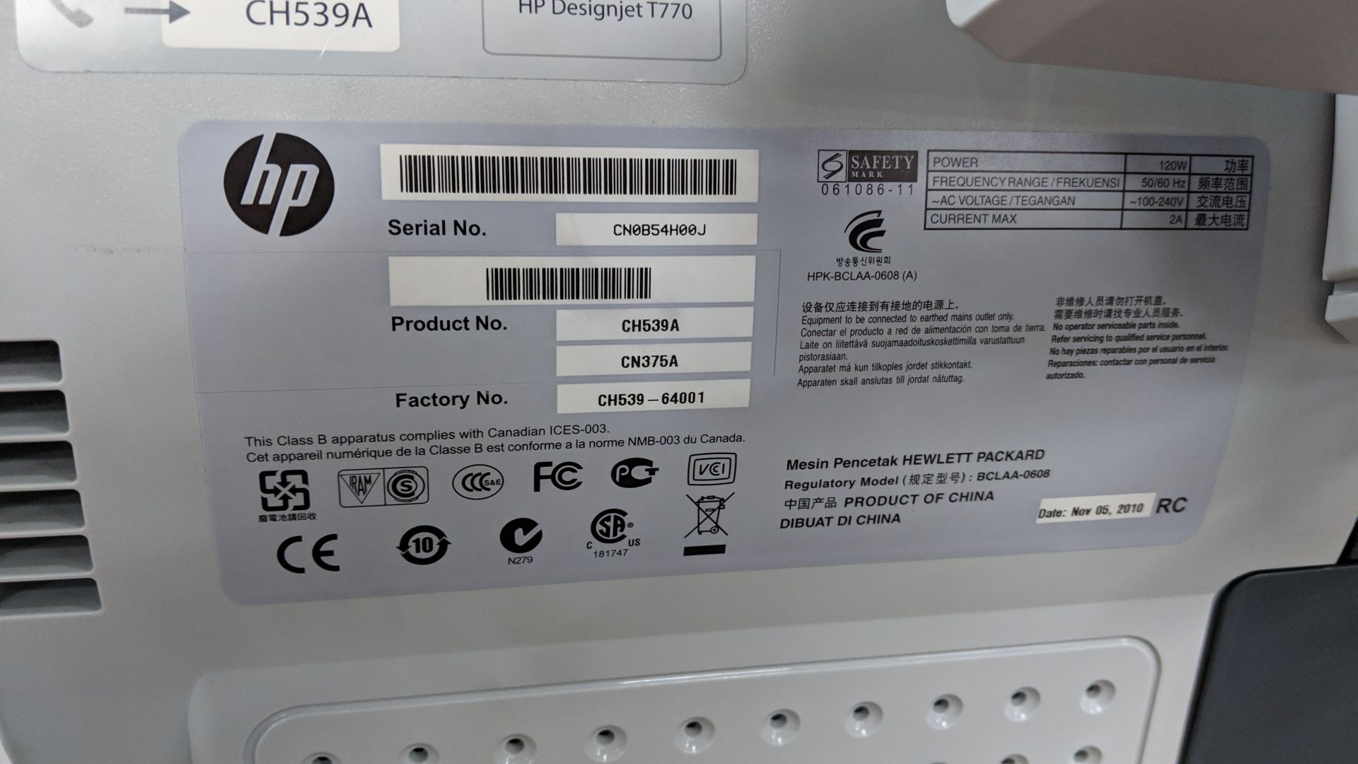 HP DesignJet T770 44" wide format printer, serial no. CN0B54H00J, product no. CH539A IMPORTANT: - Image 8 of 9