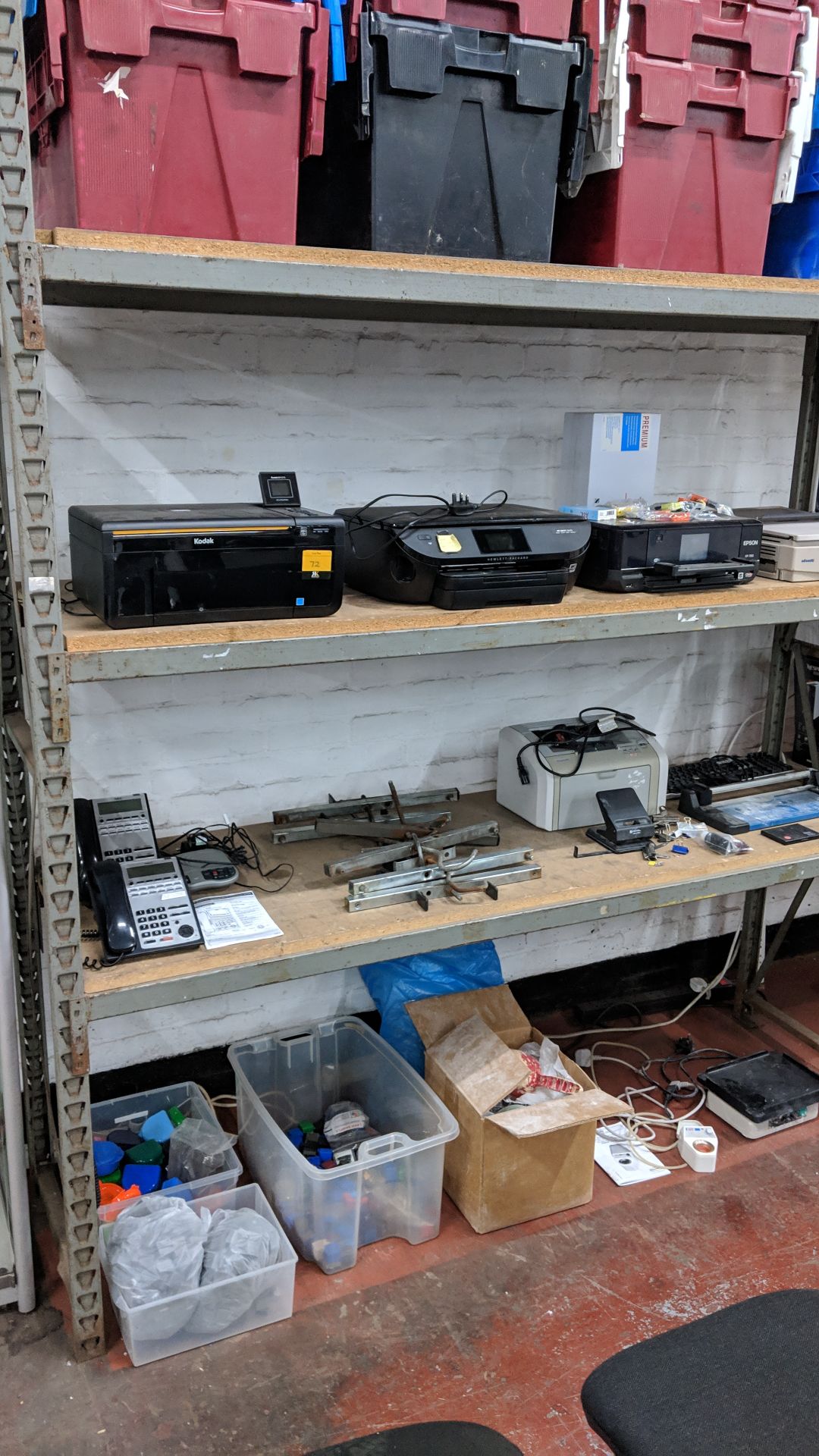 Contents of 3 shelves of assorted office & other equipment including printers, telephones, ladder