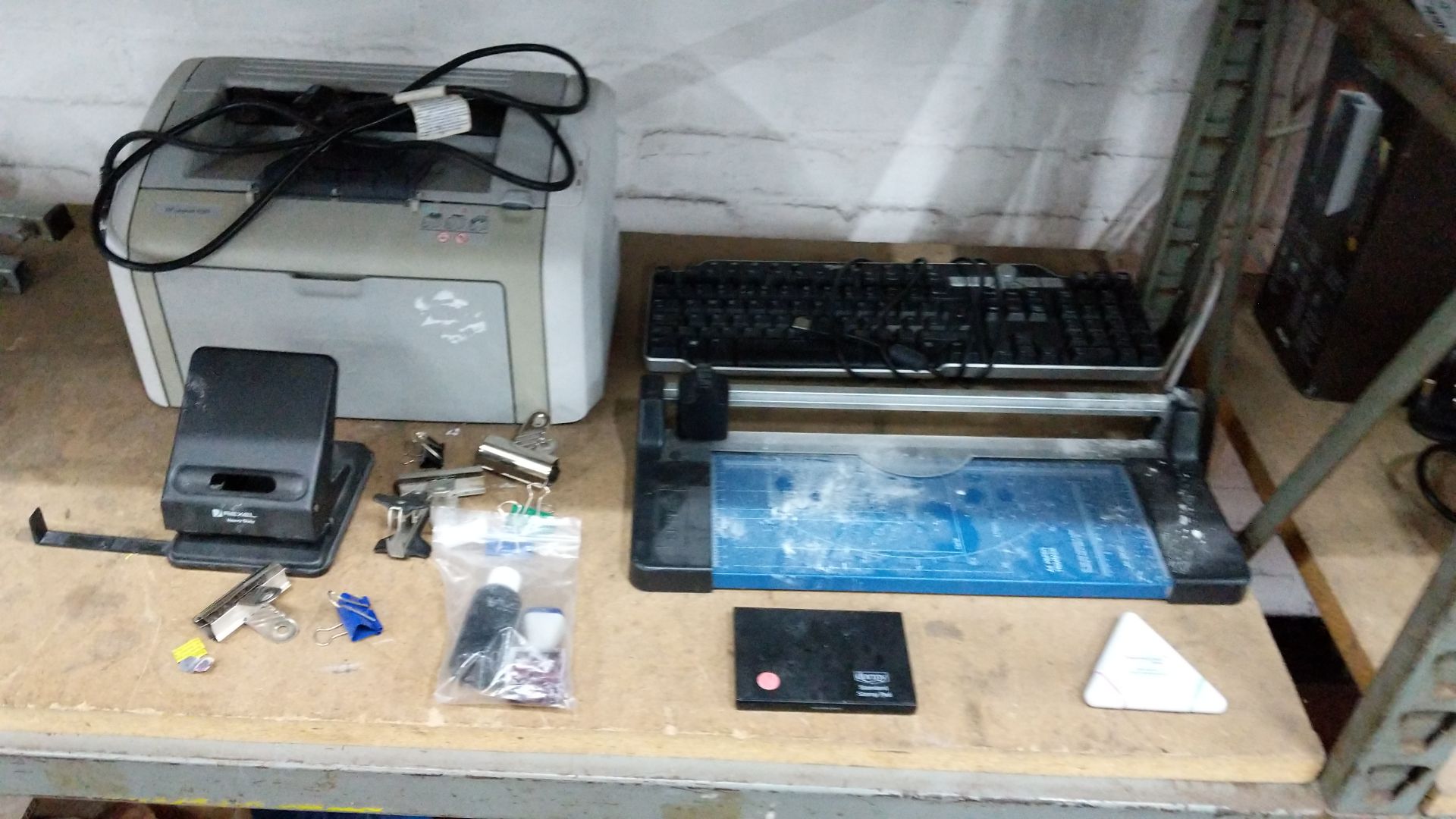 Contents of 3 shelves of assorted office & other equipment including printers, telephones, ladder - Image 8 of 21