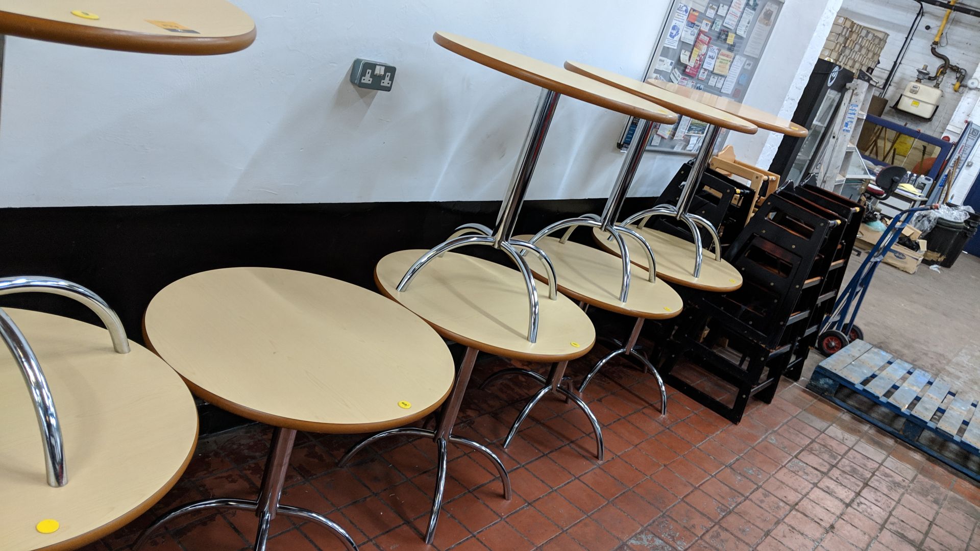 7 off café tables consisting of round tops on single pedestal 4-leg silver metal bases NB. Lots - Image 5 of 6