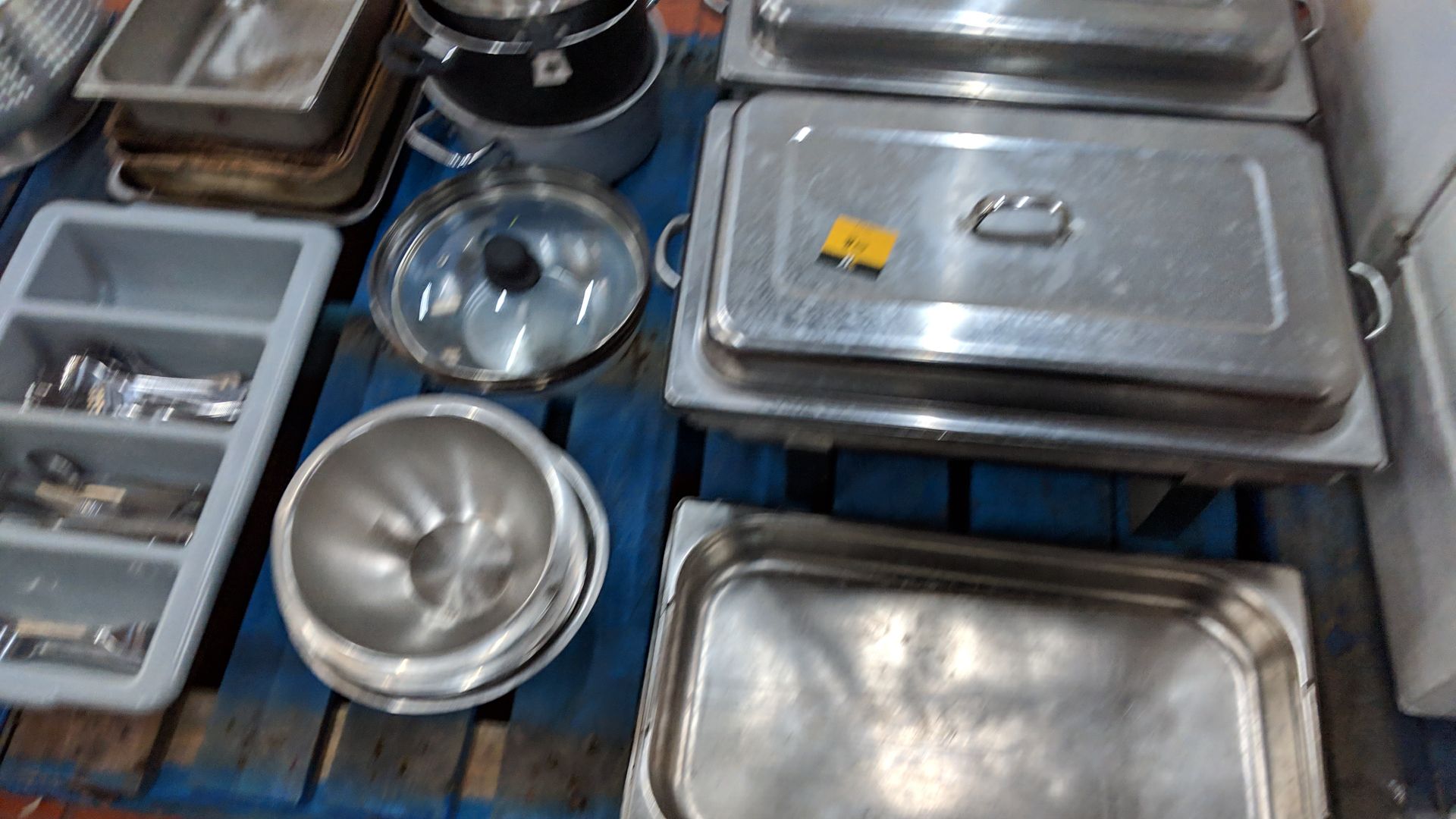 Contents of 2 pallets of assorted catering equipment including chafing dishes, pans, cutlery, long - Image 6 of 11